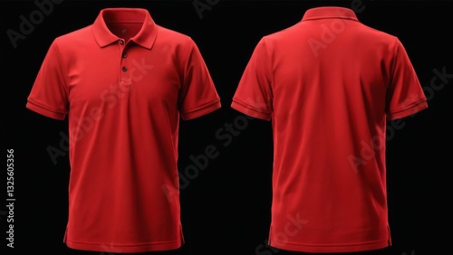Red polo shirt with front and back views in soft fabric, collar, and short sleeves on black background.
