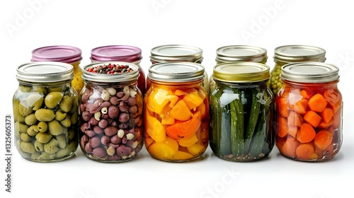 Canned vegetables in glass jars isolated