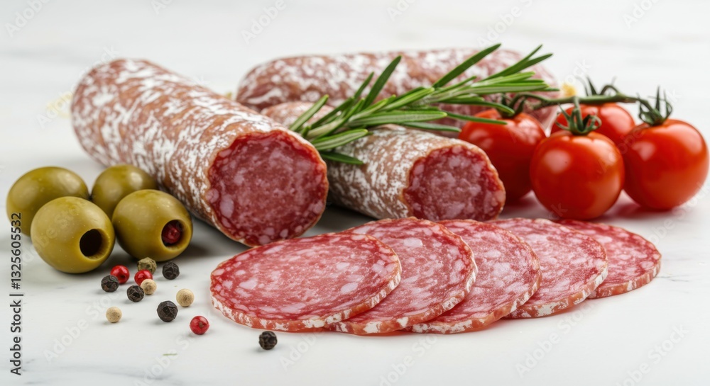 Charcuterie board, salami slices, cured sausage, green olives, cherry tomatoes, rosemary sprigs, peppercorns, white background, high detail, food photography, appetizer spread, Italian cuisine, gourme Charcuterie board, salami slices, cured sausage, green olives, cherry tomatoes, rosemary sprigs, peppercorns, white background, high detail, food photography, appetizer spread, Italian cuisine, gourme