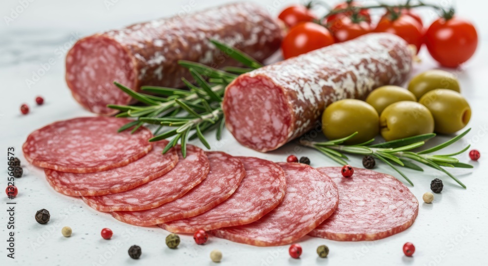 Charcuterie board, salami slices, cured sausage, green olives, cherry tomatoes, rosemary sprigs, peppercorns, white background, high detail, food photography, appetizer spread, Italian cuisine, gourme Charcuterie board, salami slices, cured sausage, green olives, cherry tomatoes, rosemary sprigs, peppercorns, white background, high detail, food photography, appetizer spread, Italian cuisine, gourme