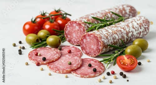 Charcuterie board, salami slices, cured sausage, green olives, cherry tomatoes, rosemary sprigs, peppercorns, white background, high detail, food photography, appetizer spread, Italian cuisine, gourme photo