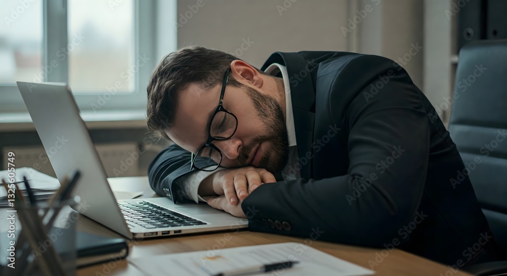 A man in a black suit and glasses is asleep at his desk, resting his head on his folded arms. His laptop is open, and papers with a pen are scattered on the table. A man in a black suit and glasses is asleep at his desk, resting his head on his folded arms. His laptop is open, and papers with a pen are scattered on the table.