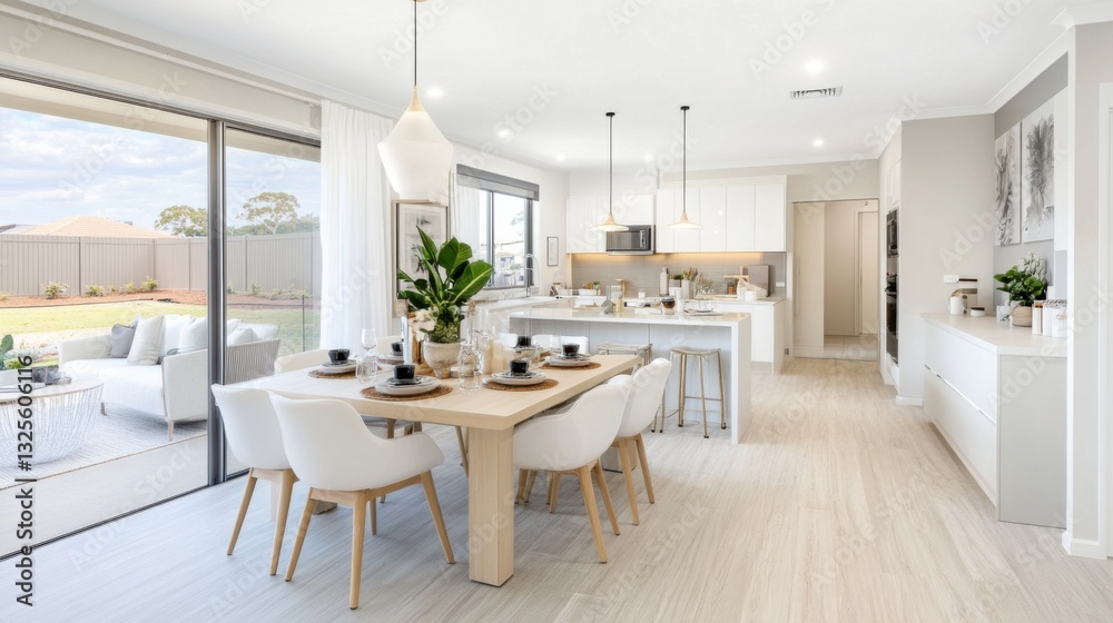 Fototapeta premium Modern Dining Room with Light Wood Table and Simple Decor