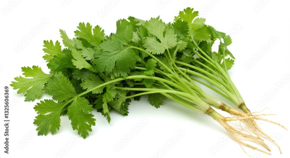 Fresh cilantro bunch, vibrant green leaves, white roots, aromatic herb, culinary ingredient, organic produce, detailed texture, bright lighting, white background, photorealistic, high resolution, food Fresh cilantro bunch, vibrant green leaves, white roots, aromatic herb, culinary ingredient, organic produce, detailed texture, bright lighting, white background, photorealistic, high resolution, food