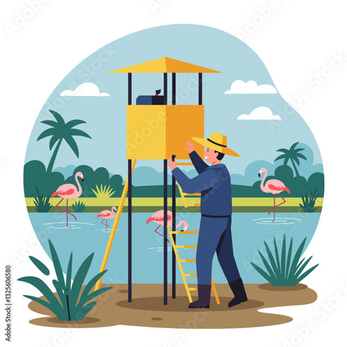 Person Climbing Observation Tower in Tropical Setting with Pink Birds