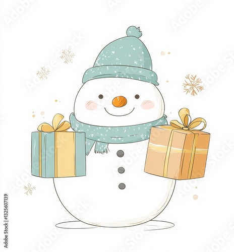 Snowman with presents Christmas cute with scarf and hat, happy snowman isolated