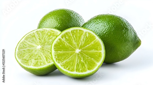 Fresh lime with cut in half and sliced isolated