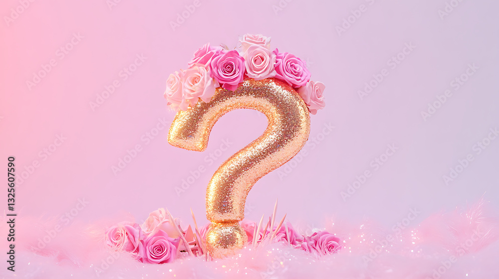 Golden Question Mark Adorned With Pink Roses Against Soft Pink Background with Glittering Elements Golden Question Mark Adorned With Pink Roses Against Soft Pink Background with Glittering Elements