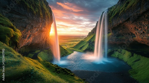 a breathtaking view of a double waterfall cascading down rocky cliffs, with the sun setting in the background and creating a beautiful sunset