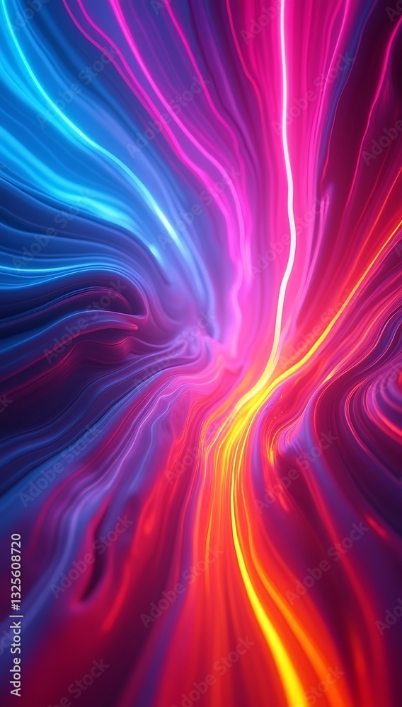 Fototapeta premium A swirling composition of fluid neon light streaks in electric blue, magenta, and orange, forming an energetic, abstract background perfect for music covers, party flyers, and digital branding. 
