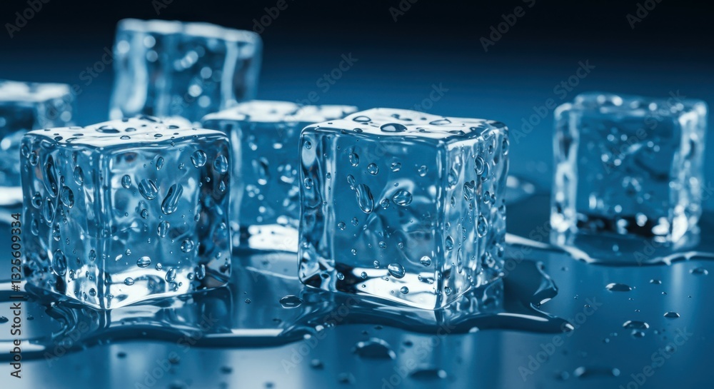 ice cubes, frozen water, transparent, blue glow, reflective surface, melting, macro photography, cold, crystalline structure, droplets, high detail, studio lighting, dark background, 3D render, photor ice cubes, frozen water, transparent, blue glow, reflective surface, melting, macro photography, cold, crystalline structure, droplets, high detail, studio lighting, dark background, 3D render, photor