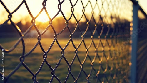 Sunset over a park field seen through a chain link fence with warm tones illuminating the surroundings
