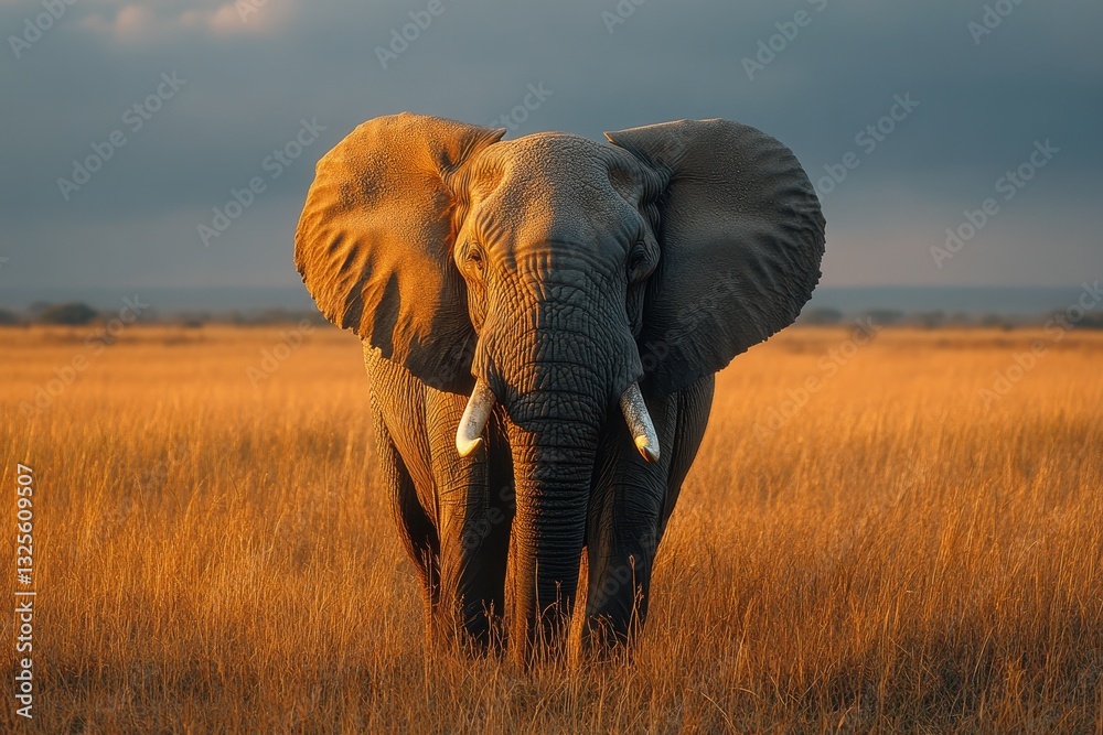 Fototapeta premium Majestic elephant standing in the golden grasslands at sunset in a serene savanna landscape