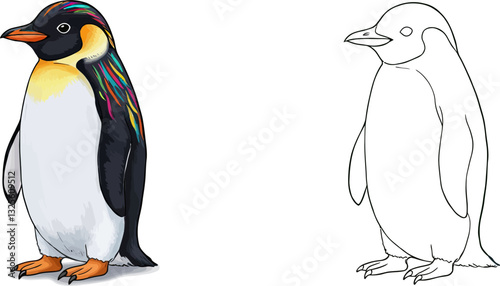 Penguin Pair: A vibrant colored penguin stands beside the line drawing in a study of contrasting form. Explore the charm and individuality of these adorable seabirds!