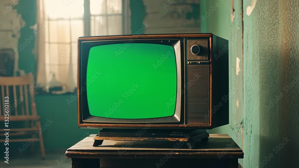 Vintage television set displaying bright green screen in retro room with peeling wallpaper