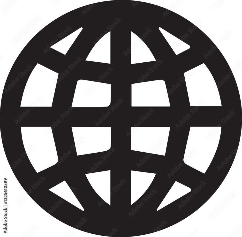 Web icon. black and white icon, globe symbol, simplified world map, minimalist design, circular shape, geometric pattern, web connectivity concept, international network logo, global communication emb Web icon. black and white icon, globe symbol, simplified world map, minimalist design, circular shape, geometric pattern, web connectivity concept, international network logo, global communication emb