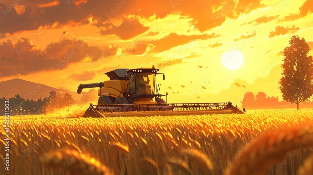 Fototapeta premium Golden Harvest Sunset, Harvester in Wheat Field, Dramatic Sky