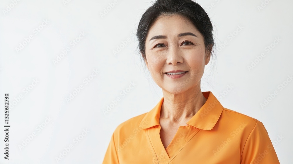 Smiling Mature Woman in Bright Orange Shirt Against White Background Smiling Mature Woman in Bright Orange Shirt Against White Background