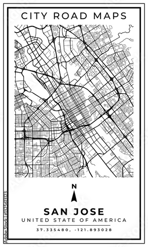 Black and white printable road map of San Jose city United State of America banner poster design with coordinate position location, vector illustration