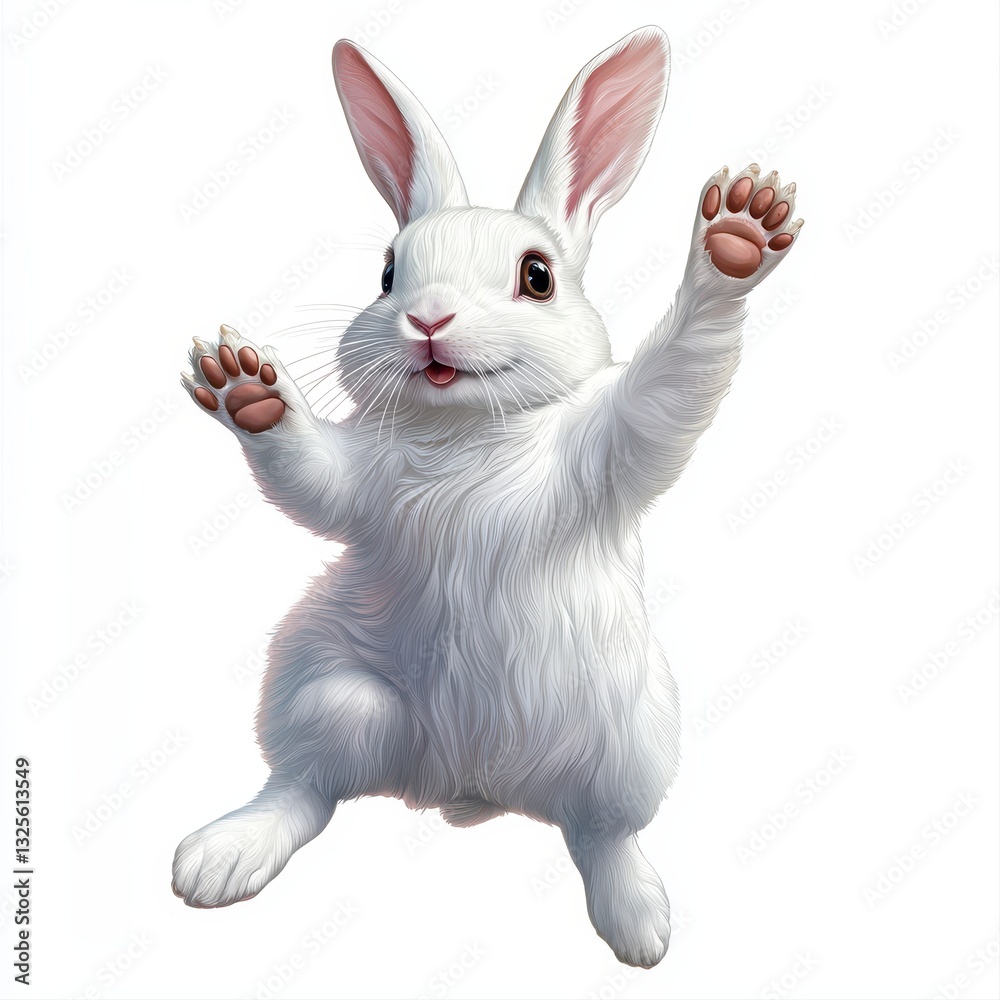 Obraz premium An elegant white rabbit jumping playfully with poised elegance in a whimsical and delightful pose against the air