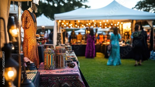 Colorful market stalls with handmade crafts and vibrant textiles at sunset