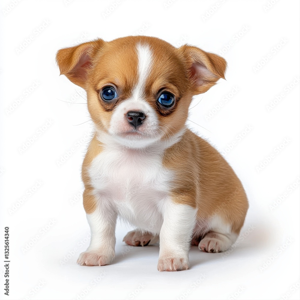 Adorable Brown and White Chihuahua Puppy Sitting on White Background