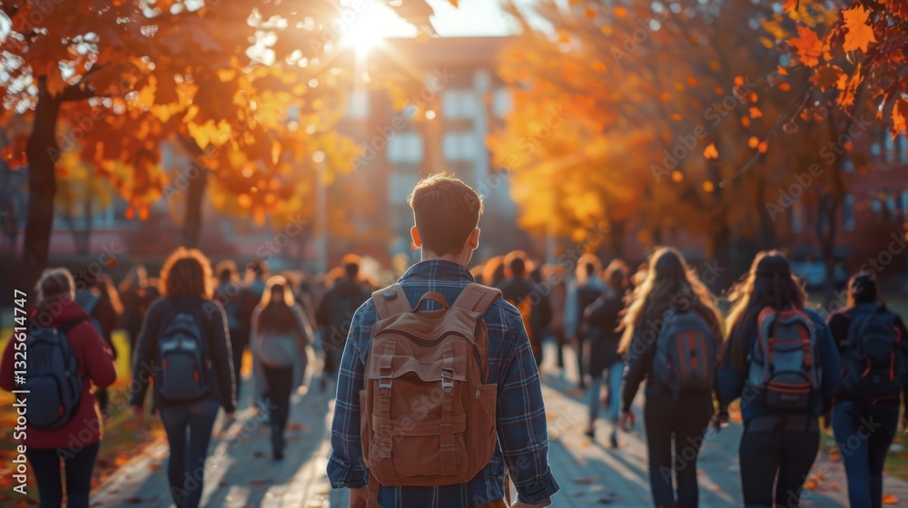 Autumn campus path, student commuters, focused individual, golden hour Autumn campus path, student commuters, focused individual, golden hour