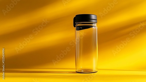 Clear glass water bottle with black lid on yellow background.