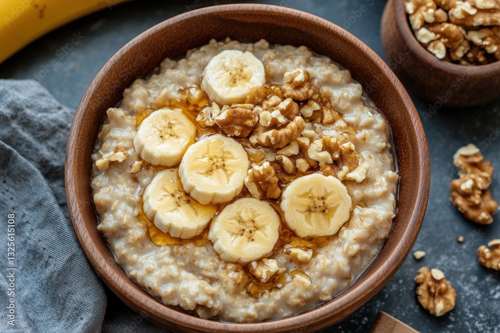 Oatmeal topped with banana slices, walnuts, and honey in a wooden bowl. Perfect for healthy breakfast or snack images needing a nutritious and delicious food theme. Oatmeal topped with banana slices, walnuts, and honey in a wooden bowl. Perfect for healthy breakfast or snack images needing a nutritious and delicious food theme.