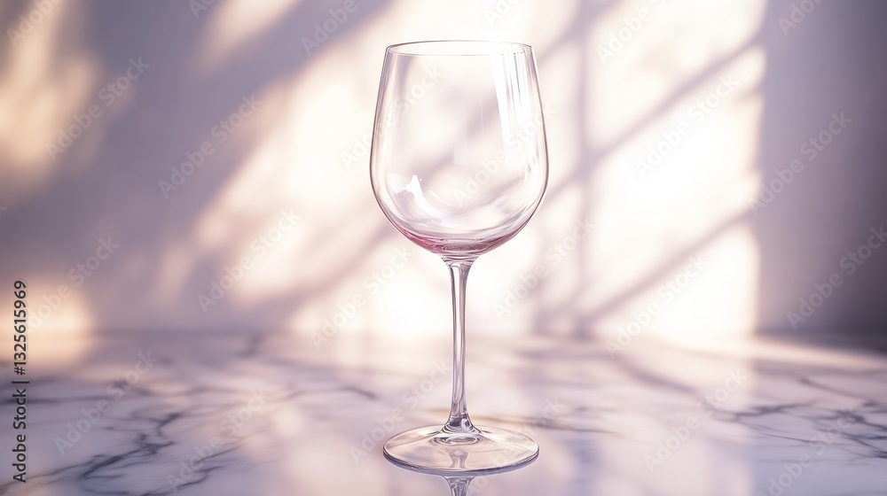 Obraz premium A plain transparent wine glass, empty, on a soft marble surface with minimalistic soft lighting from one direction