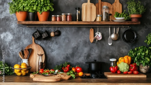 Fresh Ingredients Displayed on a Rustic Kitchen Shelf
