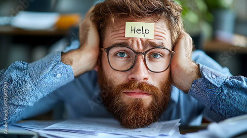 Young professional overwhelmed by work pressure office environment emotional stress urban workspace close-up view work-life balance