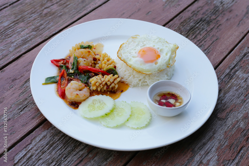 Stir fried squid and shrimp with basil, Rice topped with fried egg Stir fried squid and shrimp with basil, Rice topped with fried egg