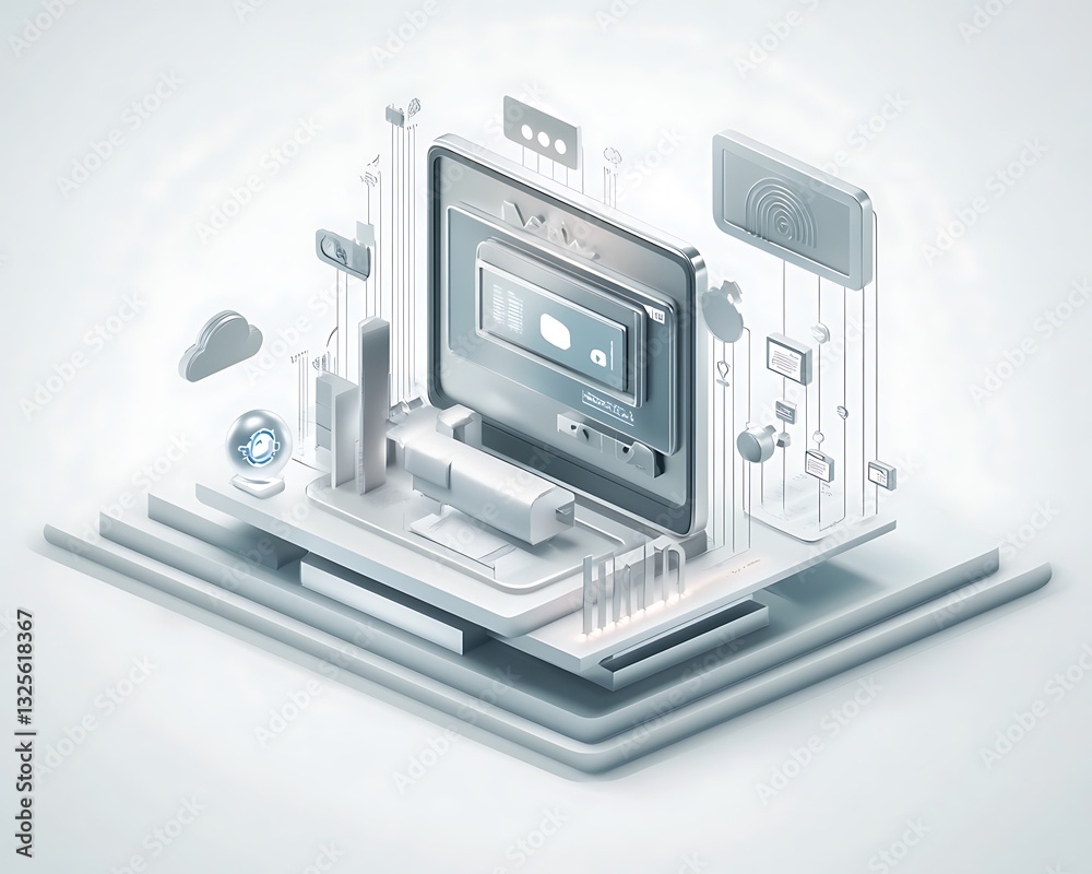 Fototapeta premium Highly detailed programmatic advertising icon with automated bidding elements in silver