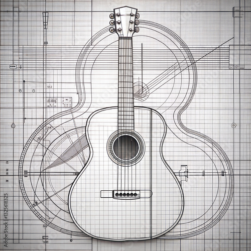 Guitar drawing on grid paper blueprint design