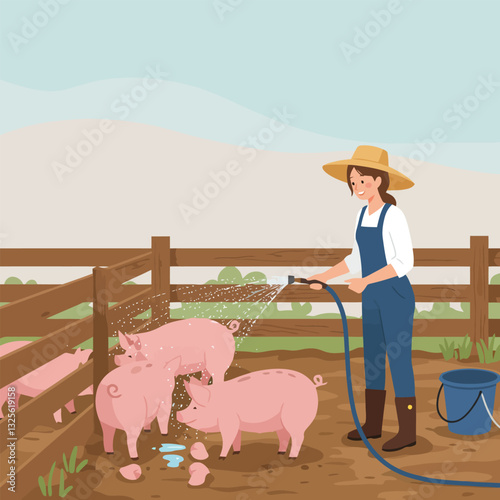 Farmer Washing Pigs with Hose in Pen at Farm Illustration