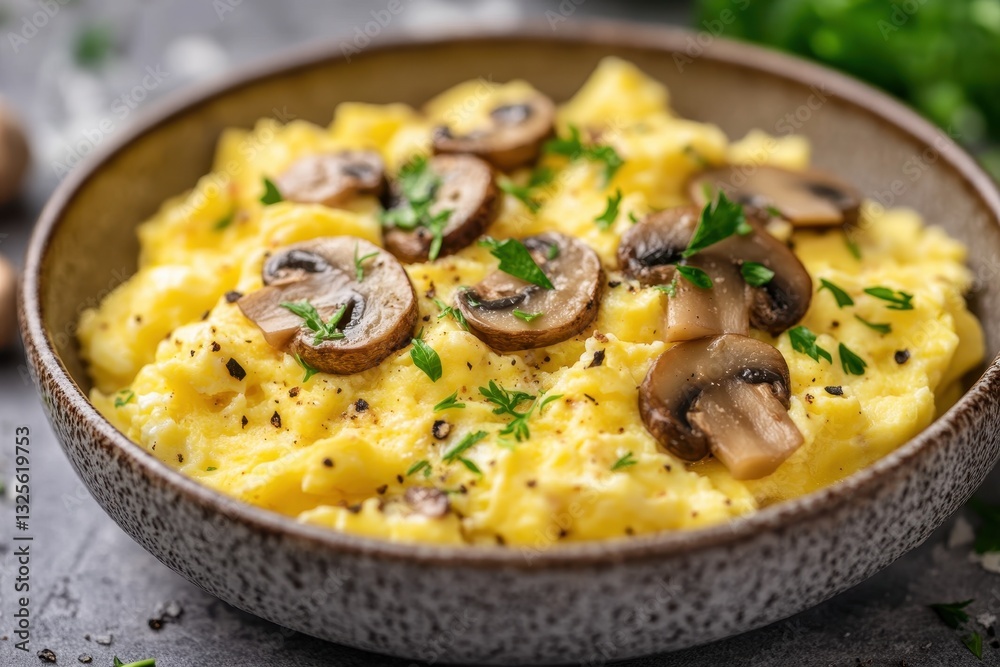 Fluffy scrambled eggs topped with sautéed mushrooms and parsley. Perfect for a healthy and delicious breakfast or brunch. Fluffy scrambled eggs topped with sautéed mushrooms and parsley. Perfect for a healthy and delicious breakfast or brunch.