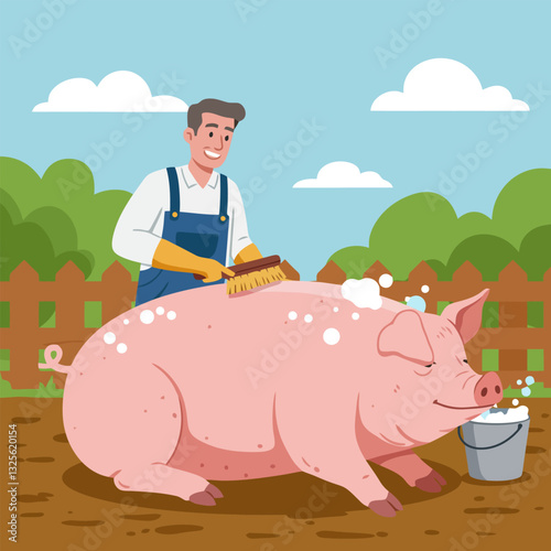 Man Brushing Pig with Brush at Farm Under Blue Sky