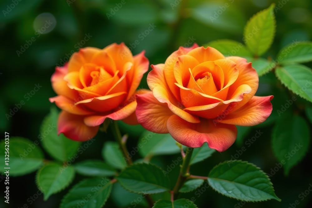 A vibrant close-up showcasing two exquisite orange roses, their petals delicately unfolding, nestled amidst lush green foliage. A vibrant close-up showcasing two exquisite orange roses, their petals delicately unfolding, nestled amidst lush green foliage.