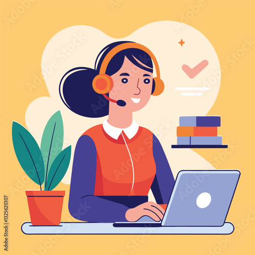 Customer Support Representative with Headset and Laptop