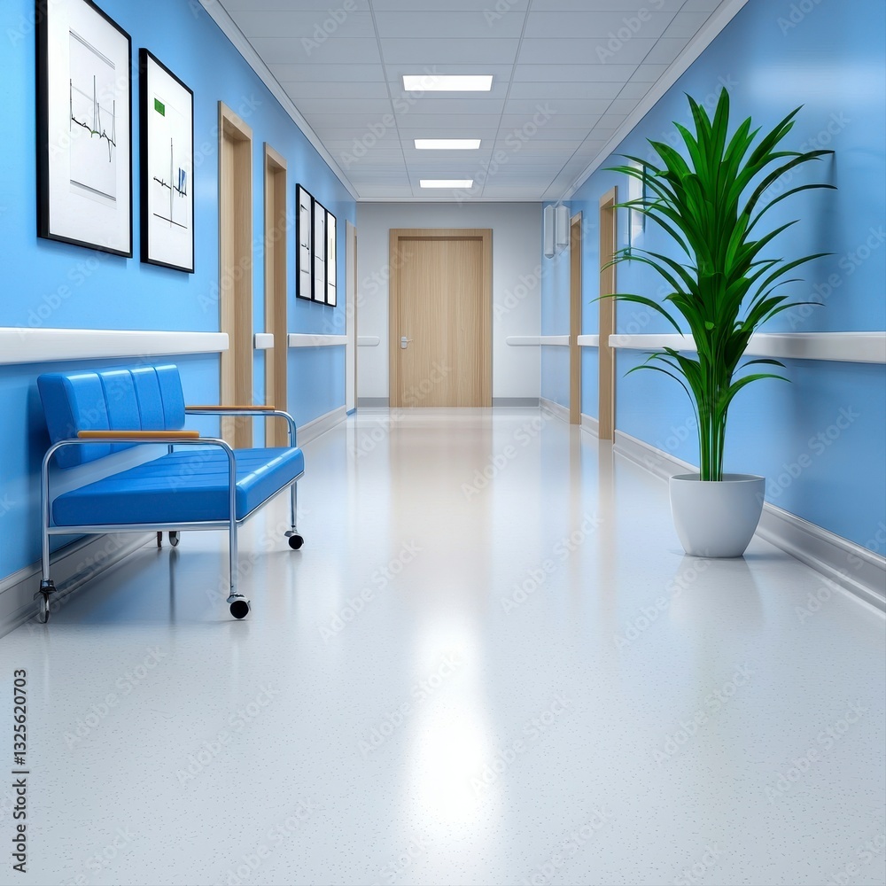 Fototapeta premium Clean Modern Hospital Corridor with Blue Walls and Potted Plant