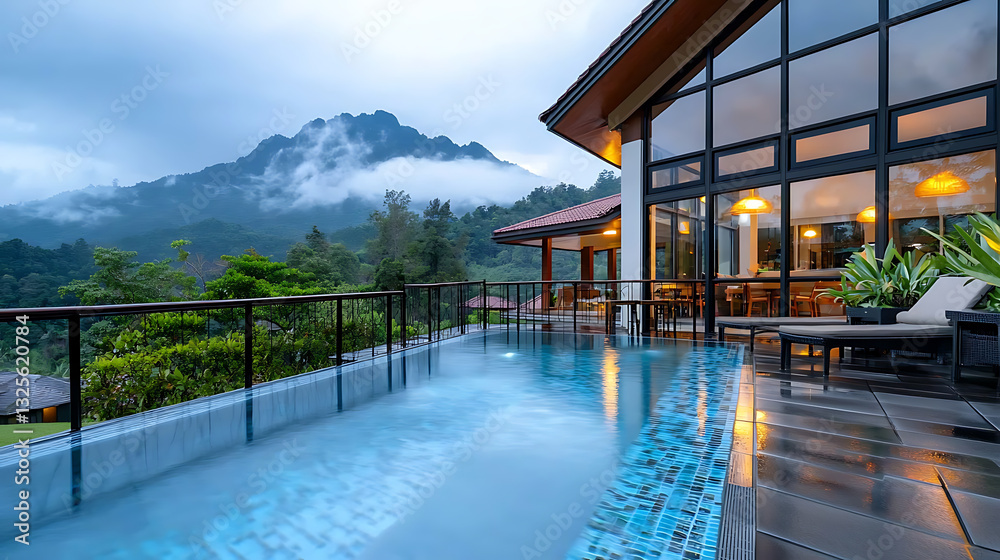 Fototapeta premium Geothermal energy powered resort mountain view luxury accommodation tranquil environment scenic perspective sustainable concept