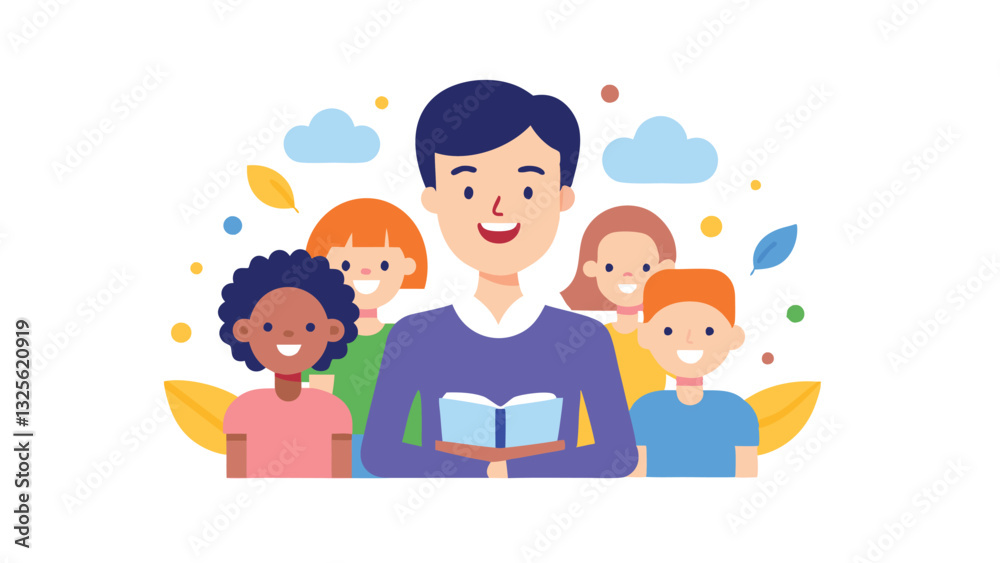 Teacher Reading Book to Diverse Group of Happy Students Teacher Reading Book to Diverse Group of Happy Students