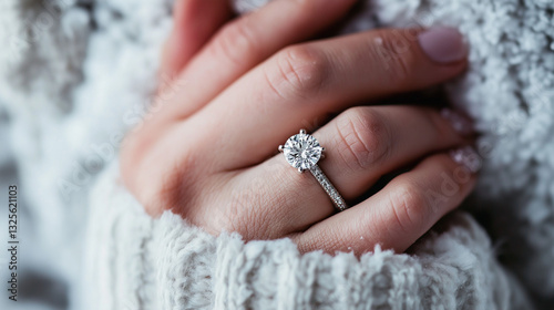 Close-up of a woman's hand wearing a diamond engagement ring, symbolizing love, commitment, and a winter proposal.