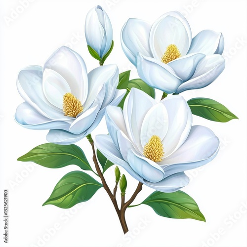 Close Up of Three White Magnolia Blossoms with Green Leaves on a White Background