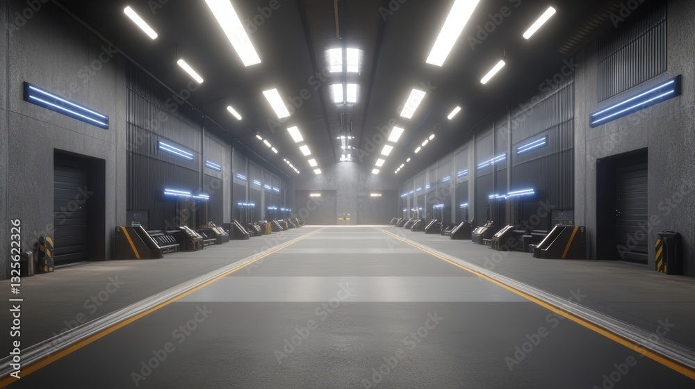 Futuristic Corridor, Illuminated, Empty Interior with Dark Walls Futuristic Corridor, Illuminated, Empty Interior with Dark Walls