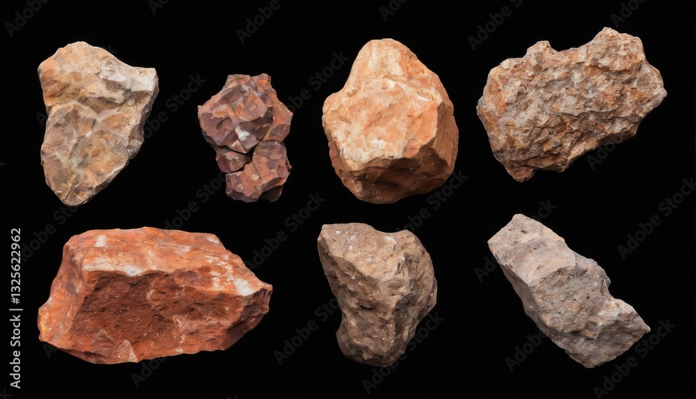 Assorted rocks in grid pattern on black background, varying in size, shape, texture, and color from light brown to dark. Assorted rocks in grid pattern on black background, varying in size, shape, texture, and color from light brown to dark.