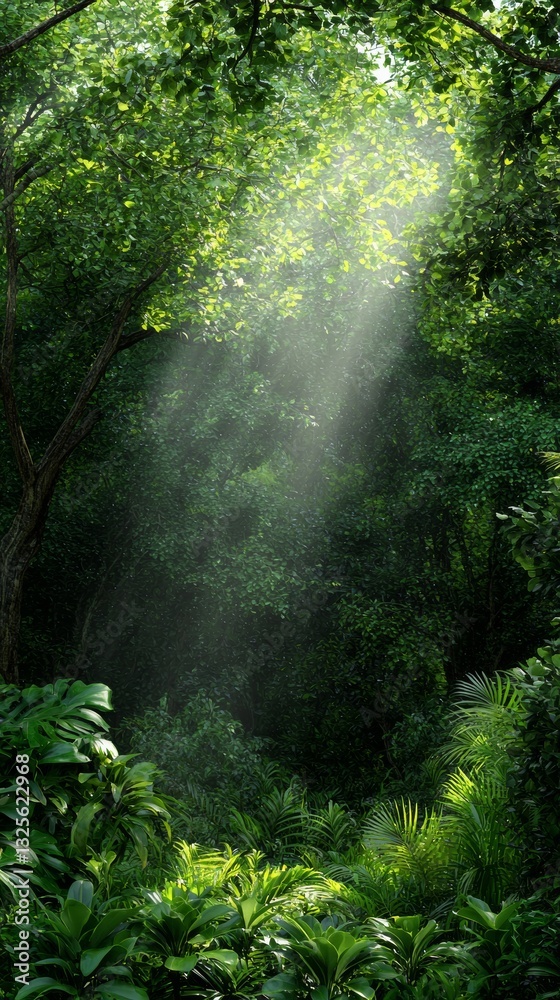 Fototapeta premium Sunlight Streaming Through Lush Green Forest Canopy in Tropical Scene