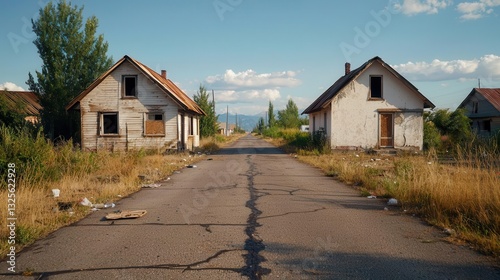 Boardedup homes and foreclosed properties, with homeless individuals wandering the streets in an economic downturn photo