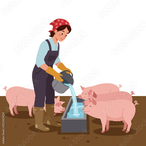 Woman Filling Water Trough for Pigs on a Farm